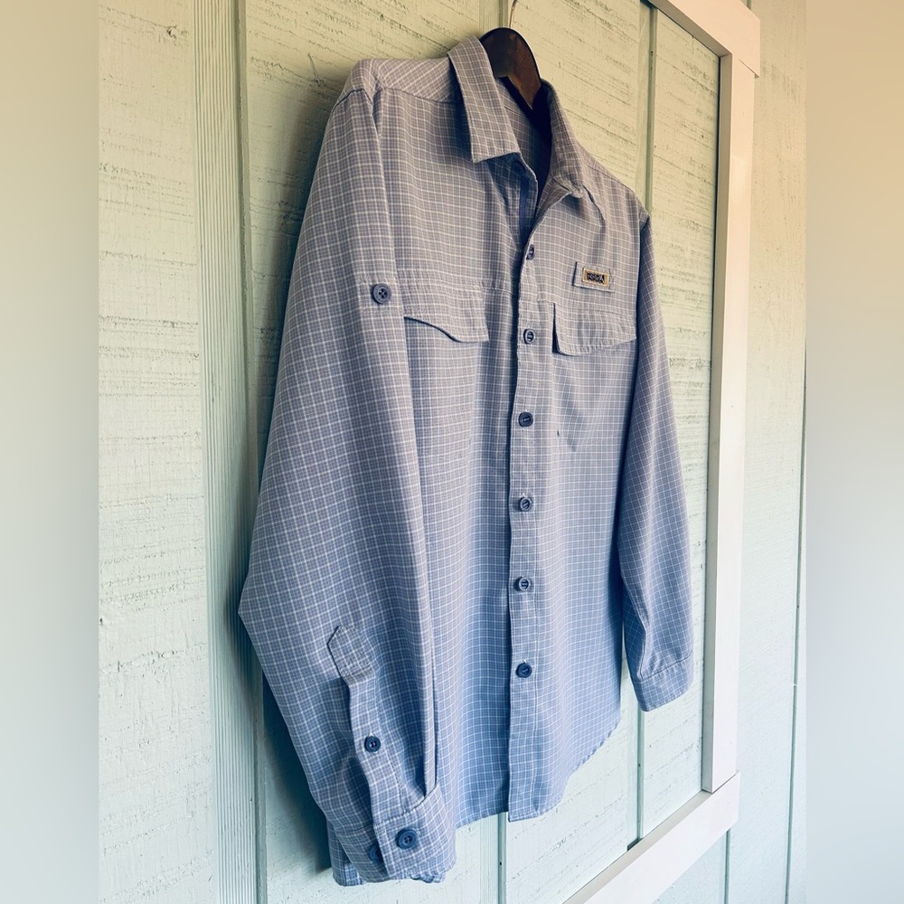Hook & Tackle UPF Fishing Shirt Mens Medium Blue Check Long Sleeve Vent‎ B9-1053